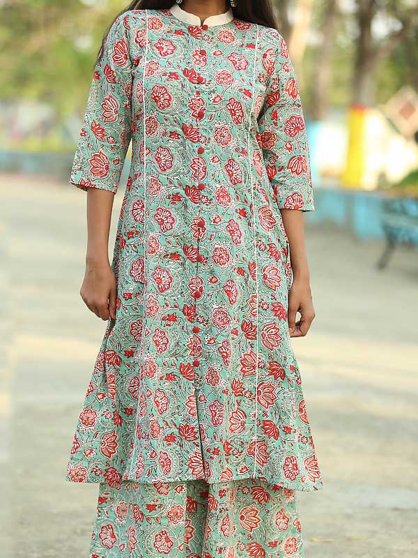 Buy Sanghaneri Hand block printed Floral print ocean green stand collar