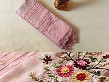 Kopal ✲ Handloom Linen Saree - Hand Embroidered - Light Pink