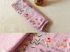 Kopal ✲ Handloom Linen Saree - Hand Embroidered - Baby Pink Color