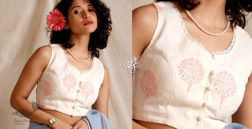 white cotton blouse stitched - hand block printed