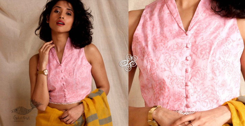 rose pink cotton blouse stitched - hand block printed
