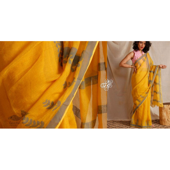 Yellow kota silk hand block printed saree