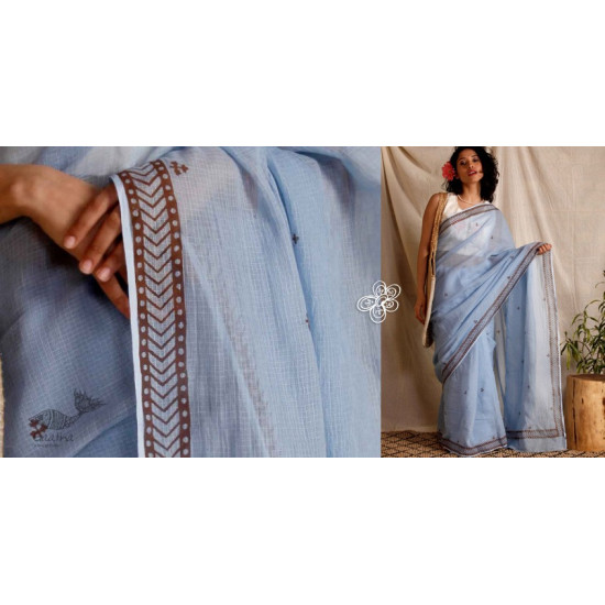 kota silk hand block printed sky blue saree - handloom