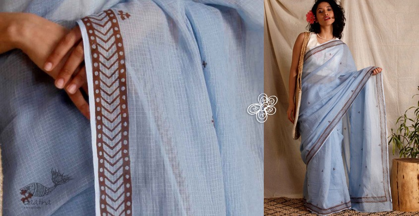kota silk hand block printed sky blue saree - handloom