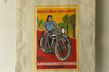 Carnival on Canvas | Matchbox Label Painted on Canvas Bag - Lady & Bike