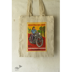 Carnival on Canvas | Matchbox Label Painted on Canvas Bag - Lady & Bike