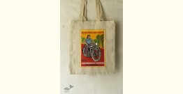 Carnival on Canvas | Matchbox Label Painted on Canvas Bag - Lady & Bike