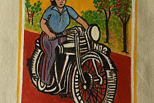 Carnival on Canvas | Matchbox Label Painted on Canvas Bag - Lady & Bike