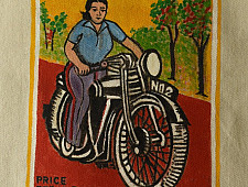Carnival on Canvas | Matchbox Label Painted on Canvas Bag - Lady & Bike