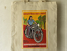 Carnival on Canvas | Matchbox Label Painted on Canvas Bag - Lady & Bike