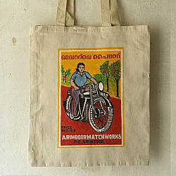 Carnival on Canvas | Matchbox Label Painted on Canvas Bag - Lady & Bike