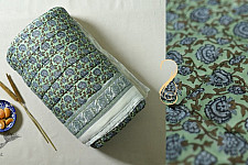 Thaat Baat | Sanganeri Jaipuri Razai - Light Weight Quilt (Double Bed) - Green Flower