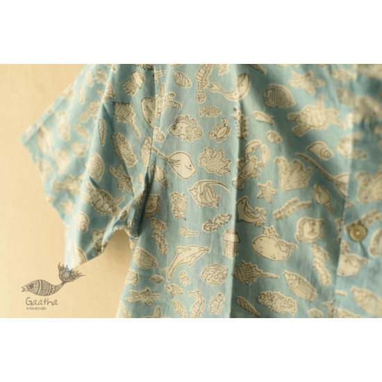 shop  Sanganeri Blok Print - Cotton Half Sleeve Shirt - Sky Blue