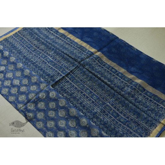 shop Kota Cotton Blue Saree - Sanganeri Block Printed