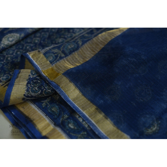 shop Kota Cotton Blue Saree - Sanganeri Block Printed