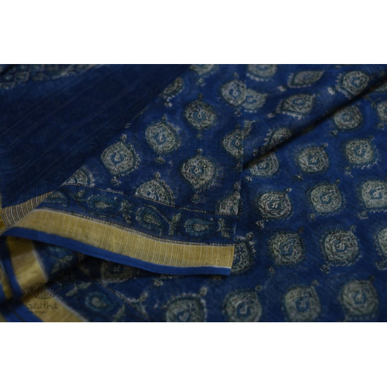 shop Kota Cotton Blue Saree - Sanganeri Block Printed