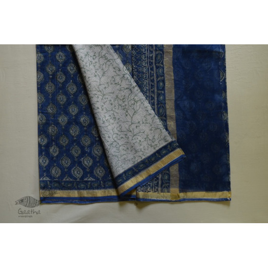 shop Kota Cotton Blue Saree - Sanganeri Block Printed