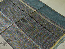 Kumudini . कुमुदिनी | Sanganeri Block Prints - Kota Cotton Saree  with Zari Border - Greenish Grey Color