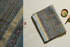 Kumudini . कुमुदिनी | Sanganeri Block Prints - Kota Cotton Saree  with Zari Border - Greenish Grey Color