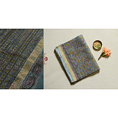 Kumudini . कुमुदिनी | Sanganeri Block Prints - Kota Cotton Saree  with Zari Border - Greenish Grey Color