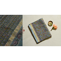 Kumudini . कुमुदिनी | Sanganeri Block Prints - Kota Cotton Saree  with Zari Border - Greenish Grey Color