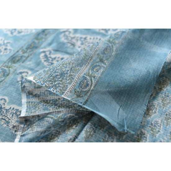 shop sanganeri block printed kota cotton saree - Sky Blue