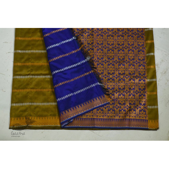 shop Assamese Silk Saree - Silk Green Saree with Blue Pallu