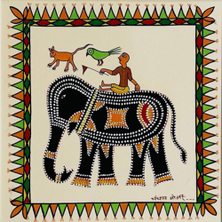 Tribal Art Painting - Elephant Ride ( Two Options of Mount White/Black )