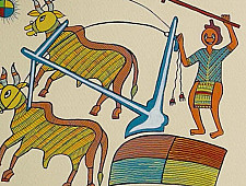 Tribal Art Painting - A farmer driving a plough ( Two Options of Mount White/Black)