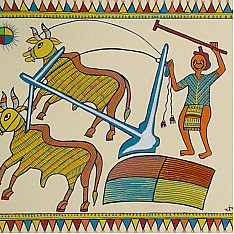 Tribal Art Painting - A farmer driving a plough ( Two Options of Mount White/Black)