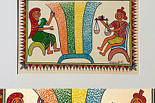 Tribal Art Painting - Harvest Traditions - Trading Grains in the Village ( Two Options of Mount White/Black)
