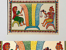 Tribal Art Painting - Harvest Traditions - Trading Grains in the Village ( Two Options of Mount White/Black)