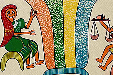 Tribal Art Painting - Harvest Traditions - Trading Grains in the Village ( Two Options of Mount White/Black)