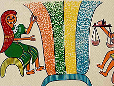 Tribal Art Painting - Harvest Traditions - Trading Grains in the Village ( Two Options of Mount White/Black)