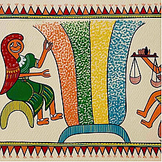 Tribal Art Painting - Harvest Traditions - Trading Grains in the Village ( Two Options of Mount White/Black)