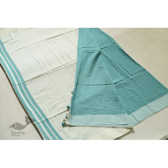 shop handloom cotton saree - Off White & Blue