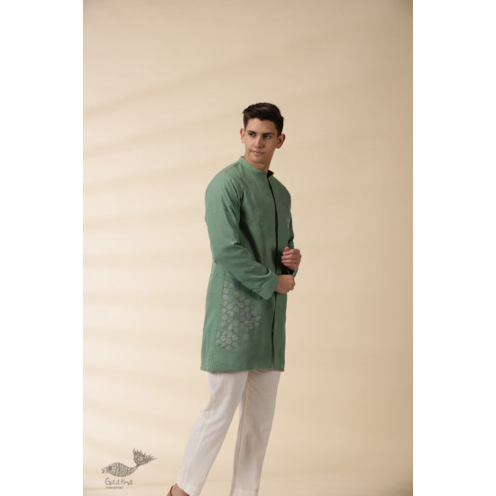 shop Handwoven Cotton - Green Jacket Style Men Long Kurta 