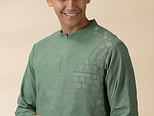 Ekansh . एकांश | Handwoven Cotton - Green Jacket Style Men Long Kurta 