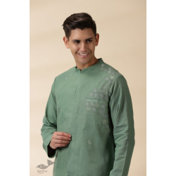 Ekansh . एकांश | Handwoven Cotton - Green Jacket Style Men Long Kurta 