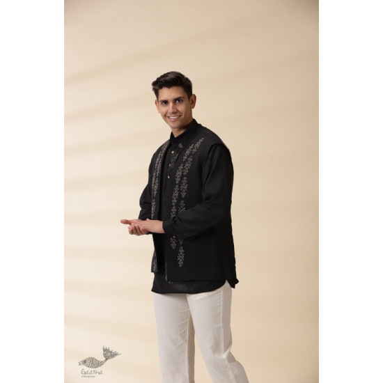 shop Handloom Cotton -  Black Men Nehru Jacket