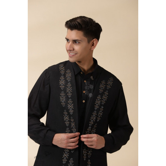 shop Handloom Cotton -  Black Men Nehru Jacket