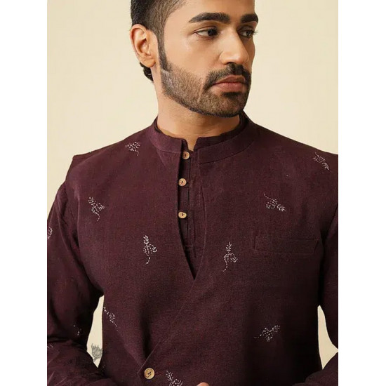 shop Handwoven Cotton - Purple Cotton Long Kurta With Jacket (Set of 2) 