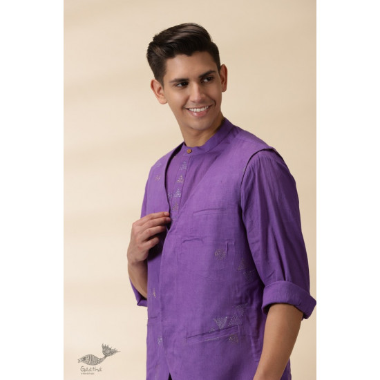 shop Handwoven Cotton - Purple Men Kantha Work Long Kurta With Jacket (Set of Two)