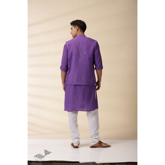 shop Handwoven Cotton - Purple Men Kantha Work Long Kurta With Jacket (Set of Two)