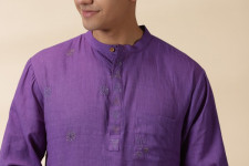 Ekansh . एकांश | Purple Men Kantha Work Long Handwoven Cotton Kurta