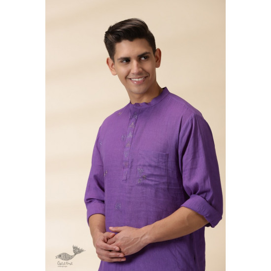 shop Purple Men Kantha Work Long Handwoven Cotton Kurta