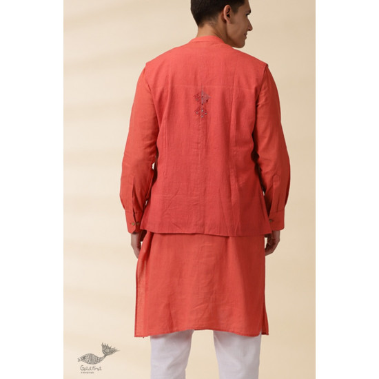 shop Handwoven Cotton - Orange Men's Yoke Kurta With Jacket (Set of Two)