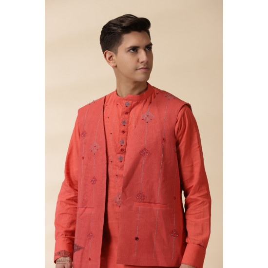 shop Handwoven Cotton - Orange Men's Yoke Kurta With Jacket (Set of Two)