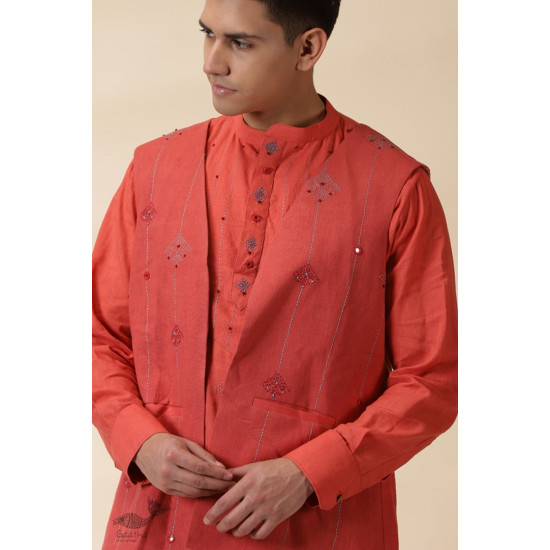 shop Handwoven Cotton - Orange Men's Yoke Kurta With Jacket (Set of Two)