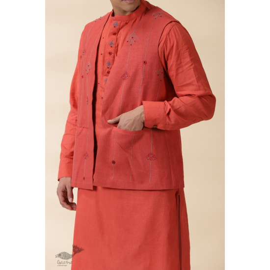 shop Handwoven Cotton - Orange Men's Yoke Kurta With Jacket (Set of Two)